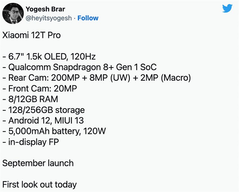 Cấu hình rò rỉ Xiaomi 12T Pro